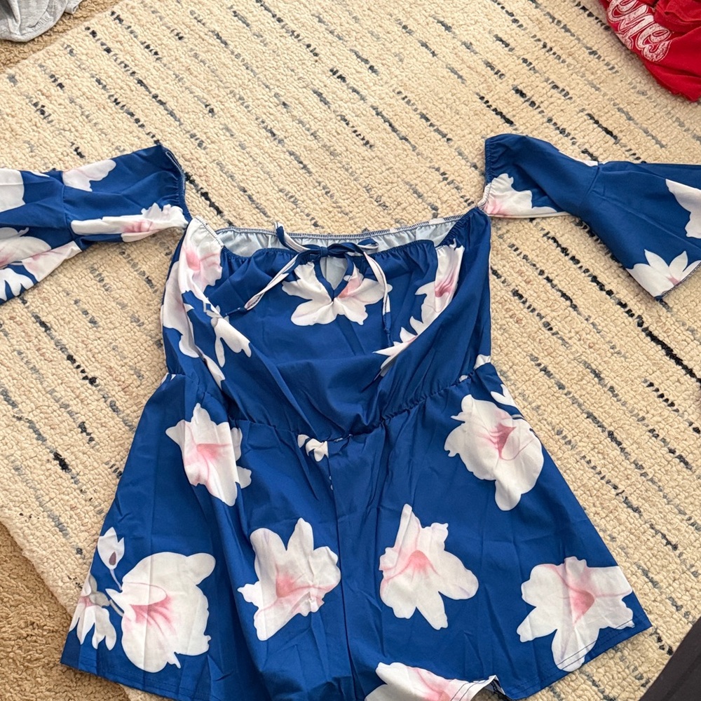 Floral Off-Shoulder Blue Romper